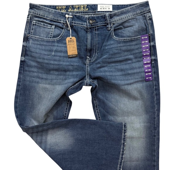 NWT TK Axel Slim Boot Jeans Mens 36x30 Blue Medium Wash Contrast Stitch Pockets - Picture 15 of 16
